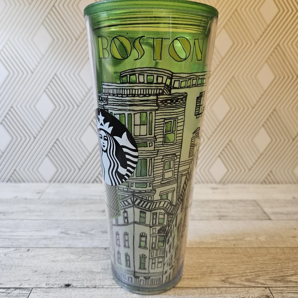 Starbucks Boston 2014 Iced Venti Tumbler Cup Green Double Wall 24oz No Lid Straw